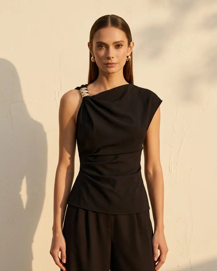 Black Asymmetrical Neck Sleeveless Gold Metal Ring Top SOLACE