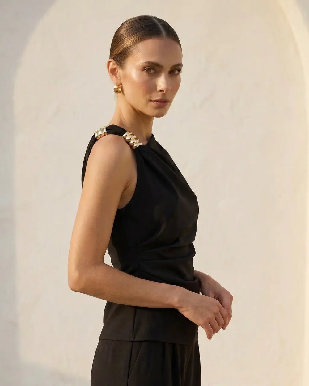 Black Asymmetrical Neck Sleeveless Gold Metal Ring Top SOLACE