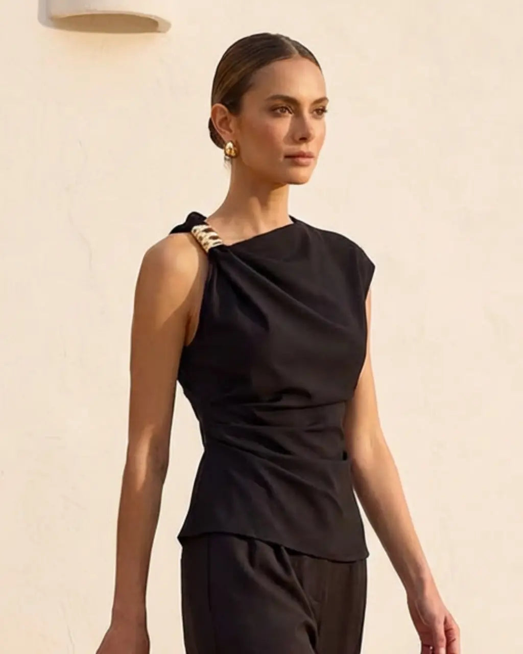 Black Asymmetrical Neck Sleeveless Gold Metal Ring Top SOLACE