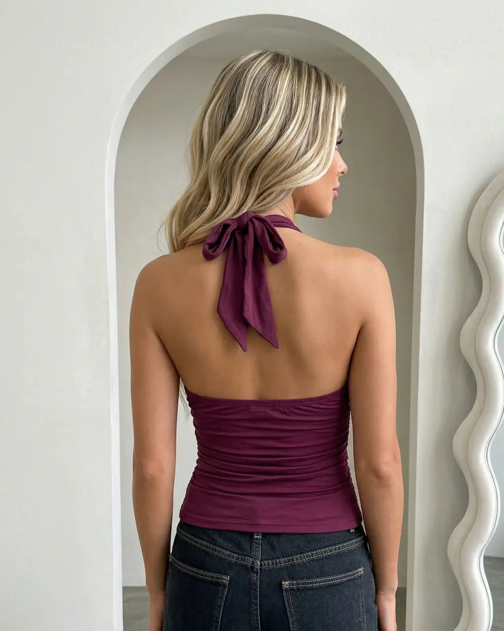 Burgundy Backless Tie Back Halter Gold Hardware Top SOLACE