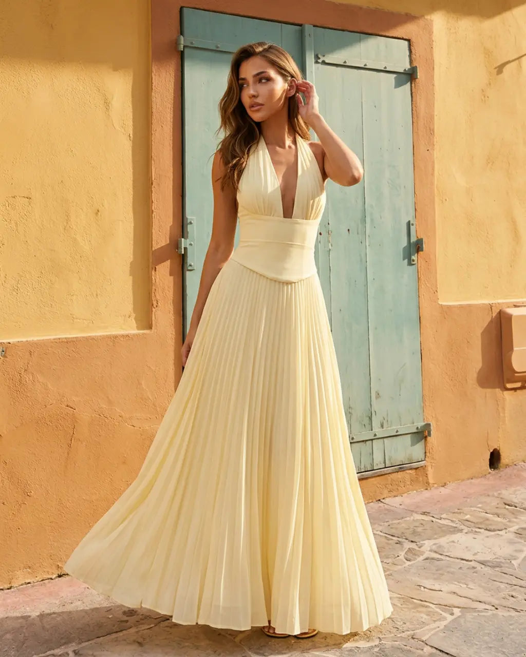 Yellow Halter Pleated Waist Cinched Sleeveless Holiday Maxi Dress SOLACE