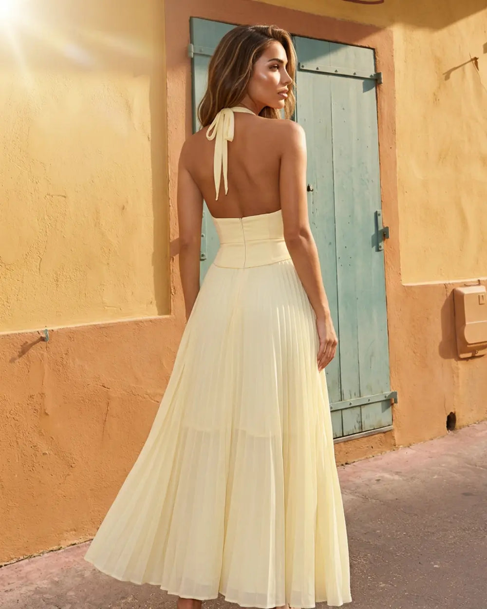 Yellow Halter Pleated Waist Cinched Sleeveless Holiday Maxi Dress SOLACE