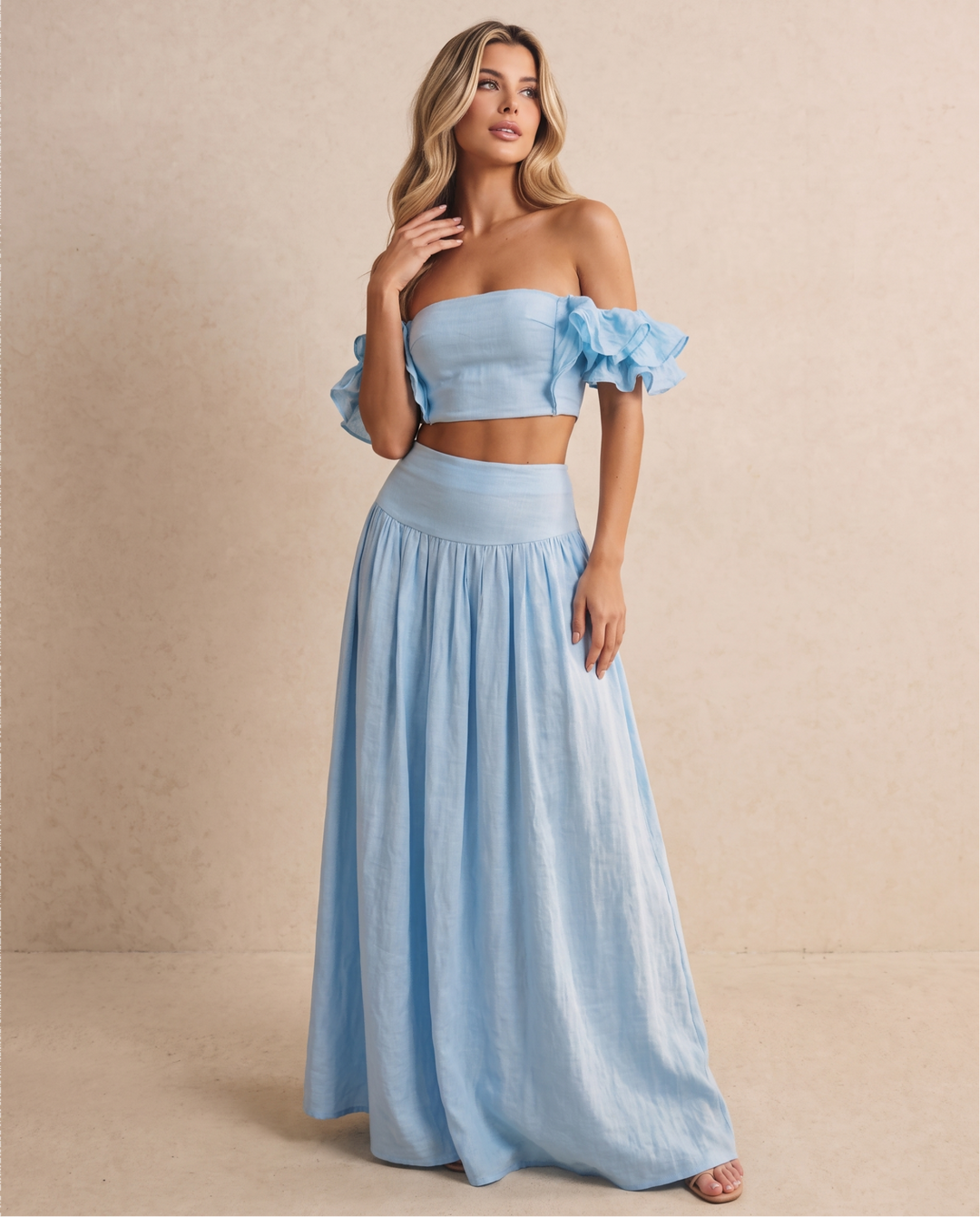 SOLACELight Blue Off-Shoulder Ruffle Sleeve Cropped Top Maxi Skirt Boho Set