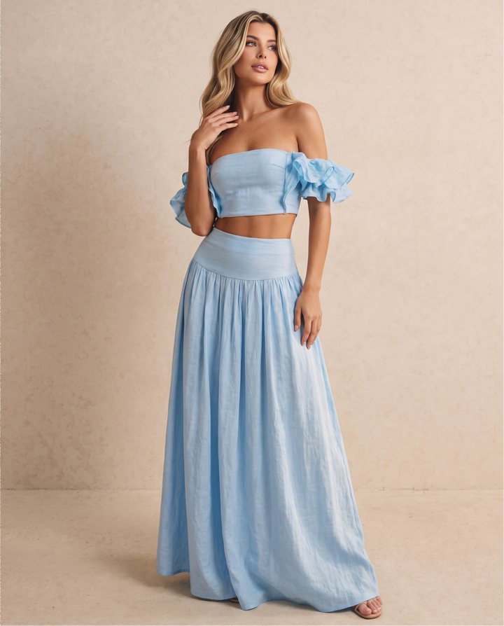 SOLACELight Blue Off-Shoulder Ruffle Sleeve Cropped Top Maxi Skirt Boho Set