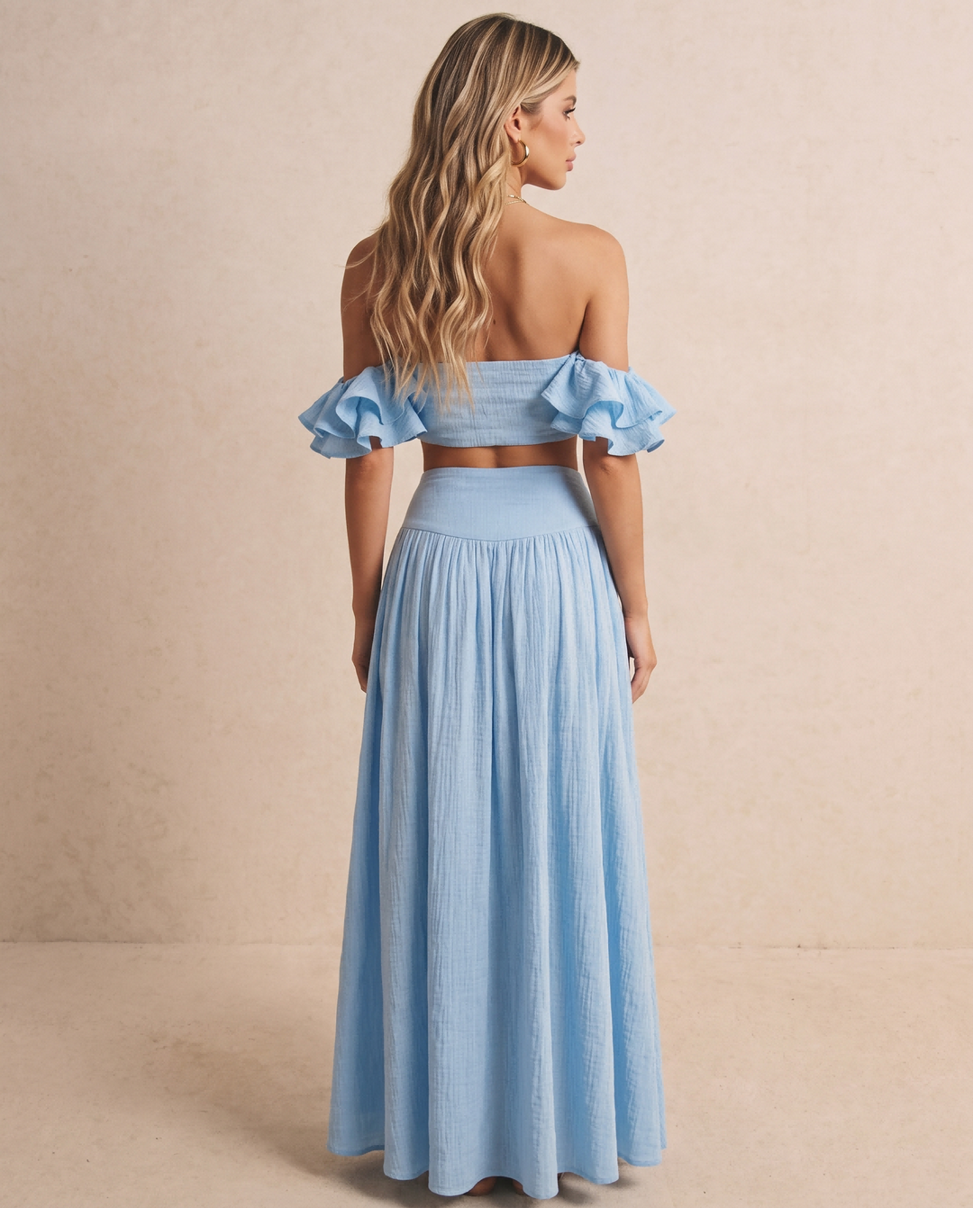SOLACELight Blue Off-Shoulder Ruffle Sleeve Cropped Top Maxi Skirt Boho Set