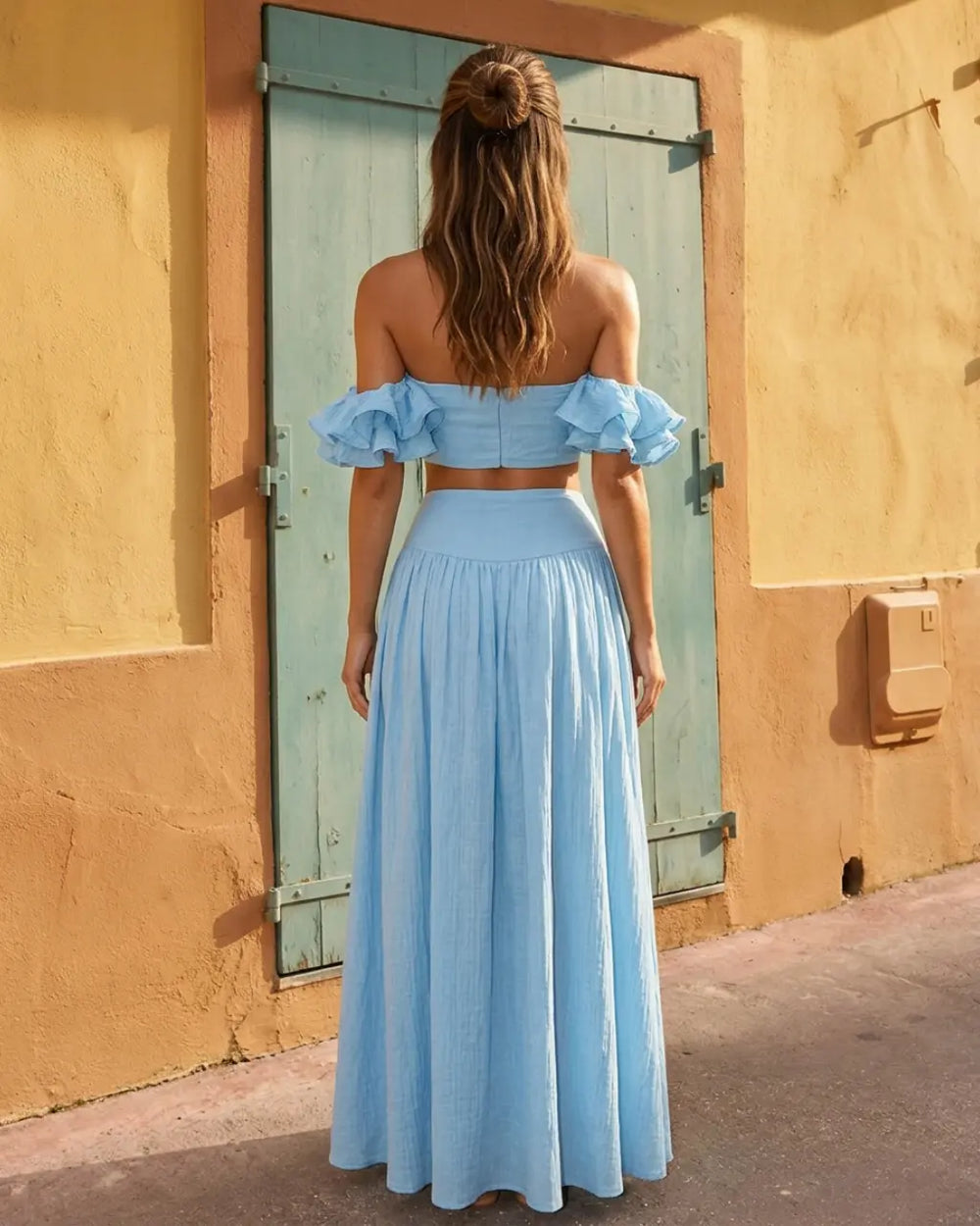 Light Blue Off-Shoulder Ruffle Sleeve Cropped Top Maxi Skirt Boho Set SOLACE