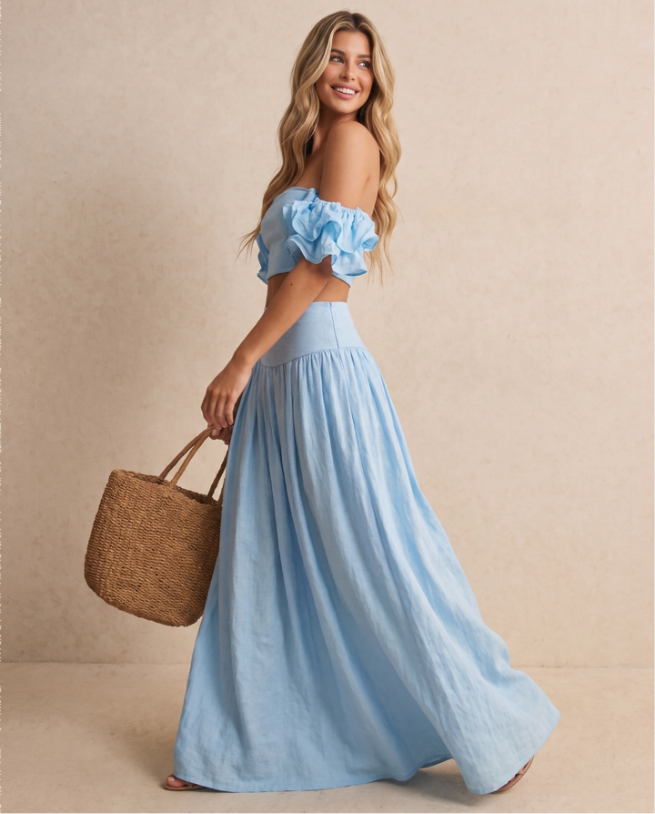 SOLACELight Blue Off-Shoulder Ruffle Sleeve Cropped Top Maxi Skirt Boho Set