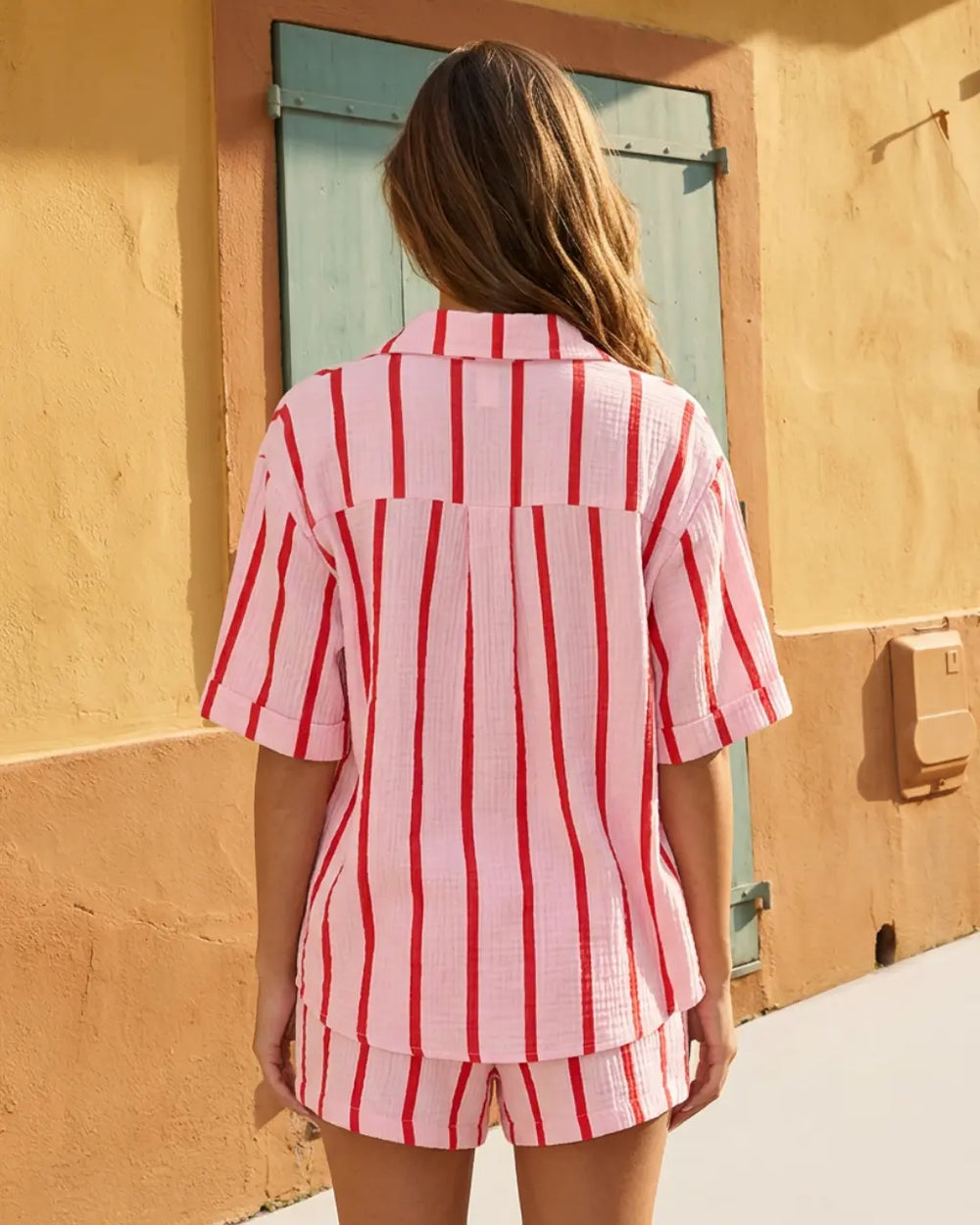 Pink Red Stripe Button Down Short Sleeve Shirt Collar Top Shorts Vacation Set SOLACE