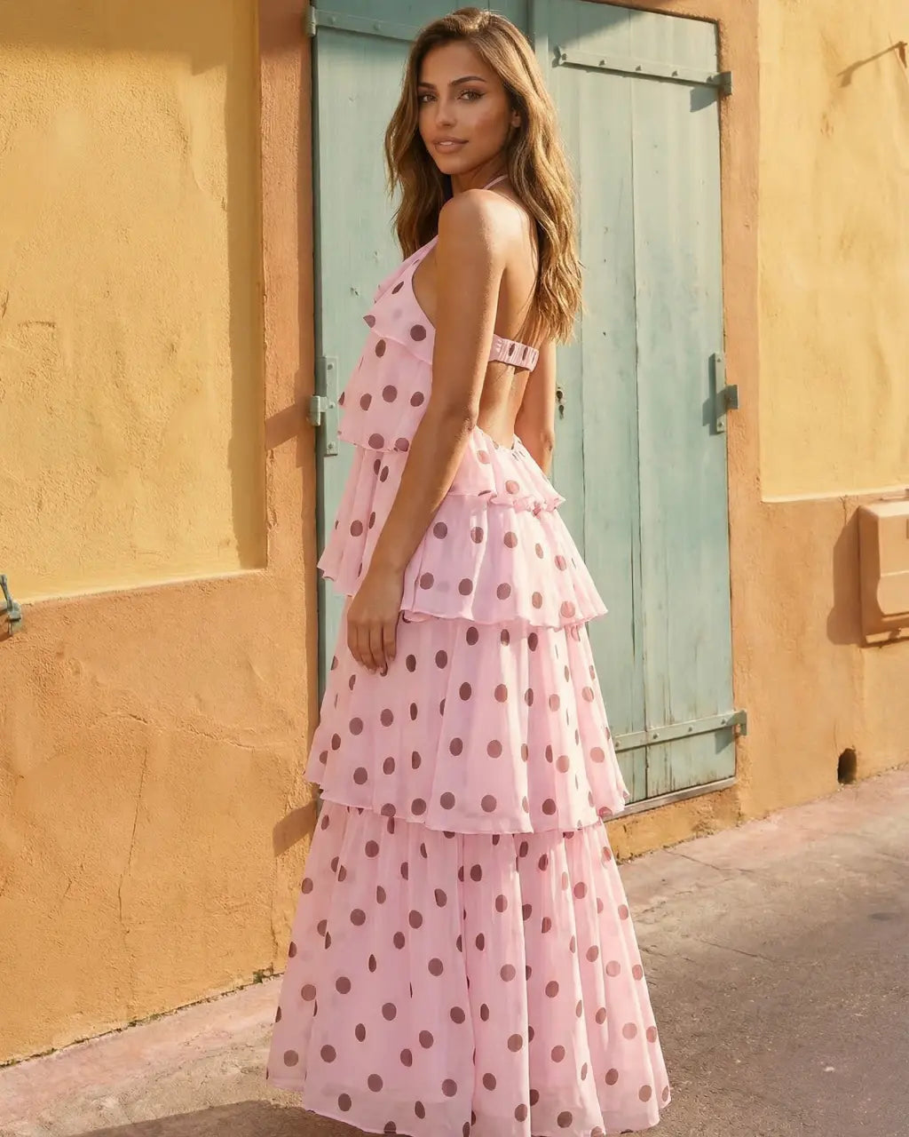 Pink Polka Dot Halter Tiered Ruffle Vacation Maxi Dress SOLACE