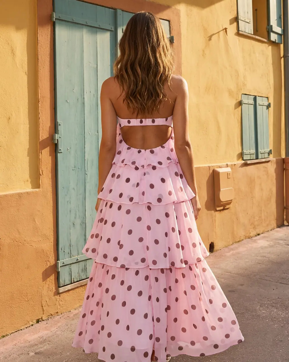 Pink Polka Dot Halter Tiered Ruffle Vacation Maxi Dress SOLACE