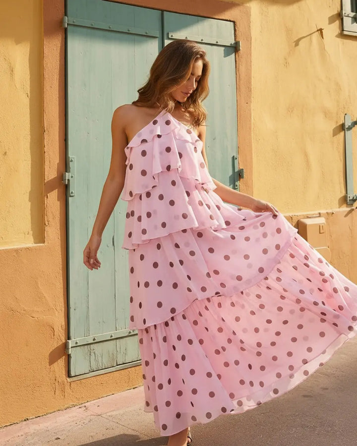 Pink Polka Dot Halter Tiered Ruffle Vacation Maxi Dress SOLACE