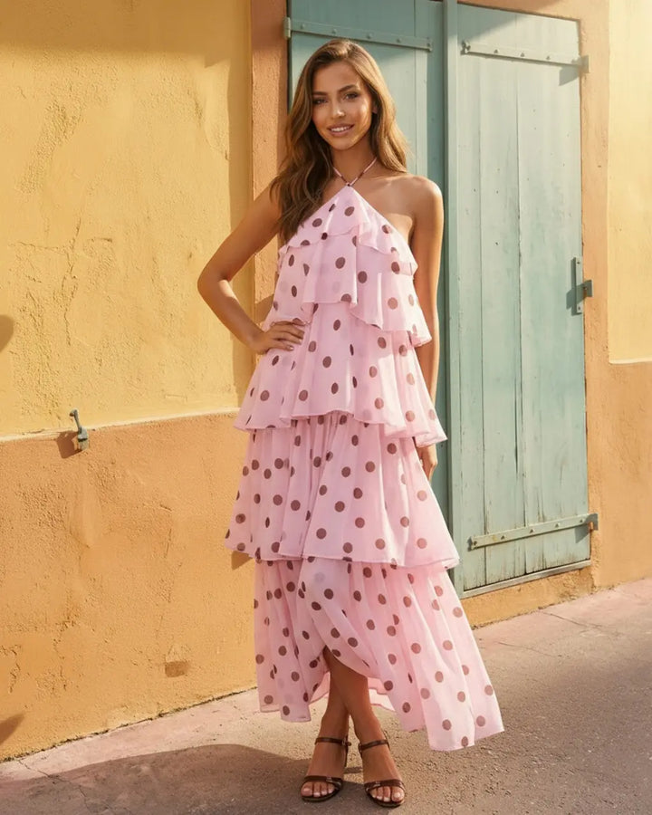Pink Polka Dot Halter Tiered Ruffle Vacation Maxi Dress SOLACE