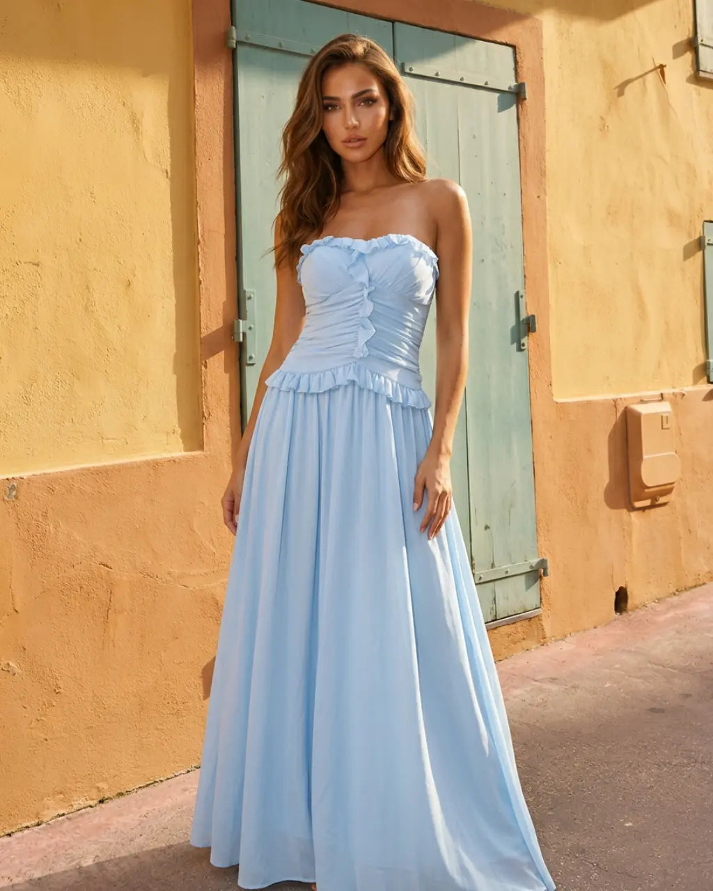 SOLACE  Light Blue Ruffle Detail Lightweight Slim Fit Maxi Dress 