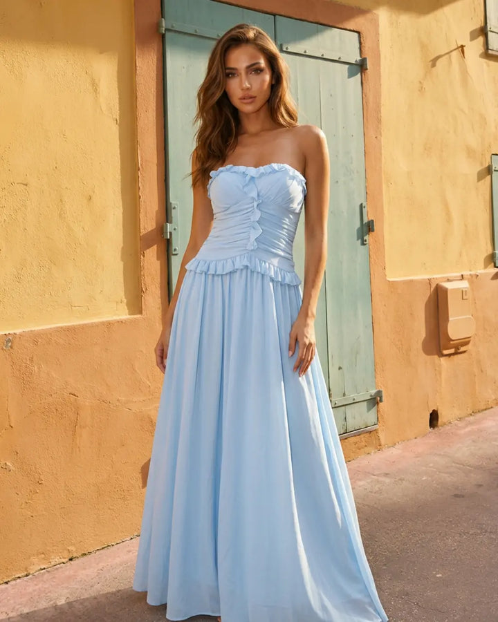 SOLACE  Light Blue Ruffle Detail Lightweight Slim Fit Maxi Dress 