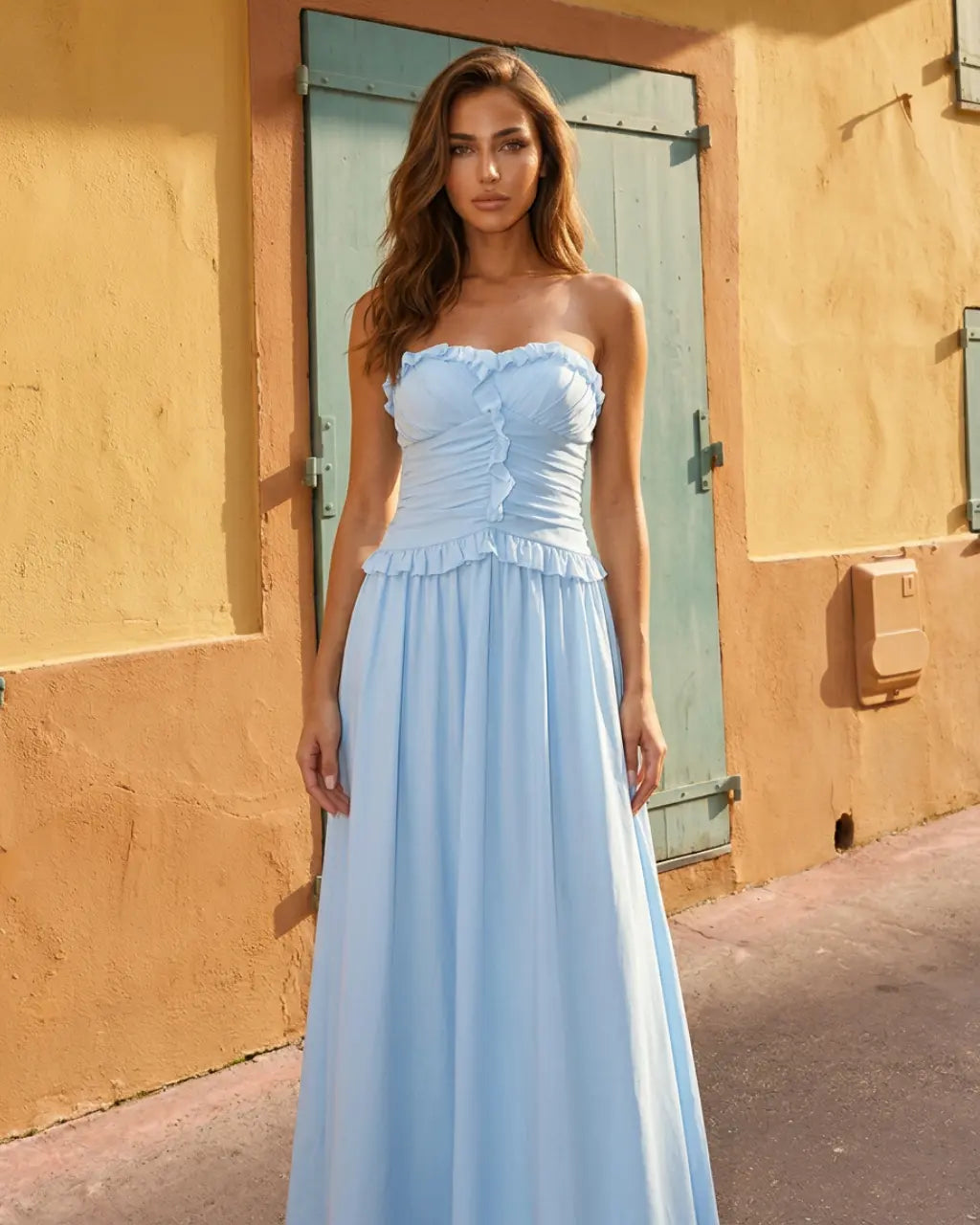 SOLACE  Light Blue Ruffle Detail Lightweight Slim Fit Maxi Dress 