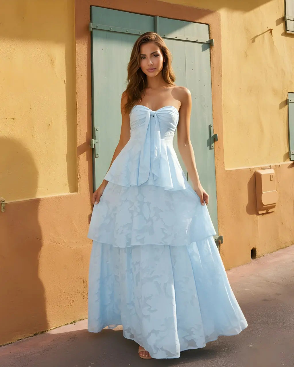 Light Blue Floral Jacquard Strapless Bow Tiered Maxi Dress SOLACE