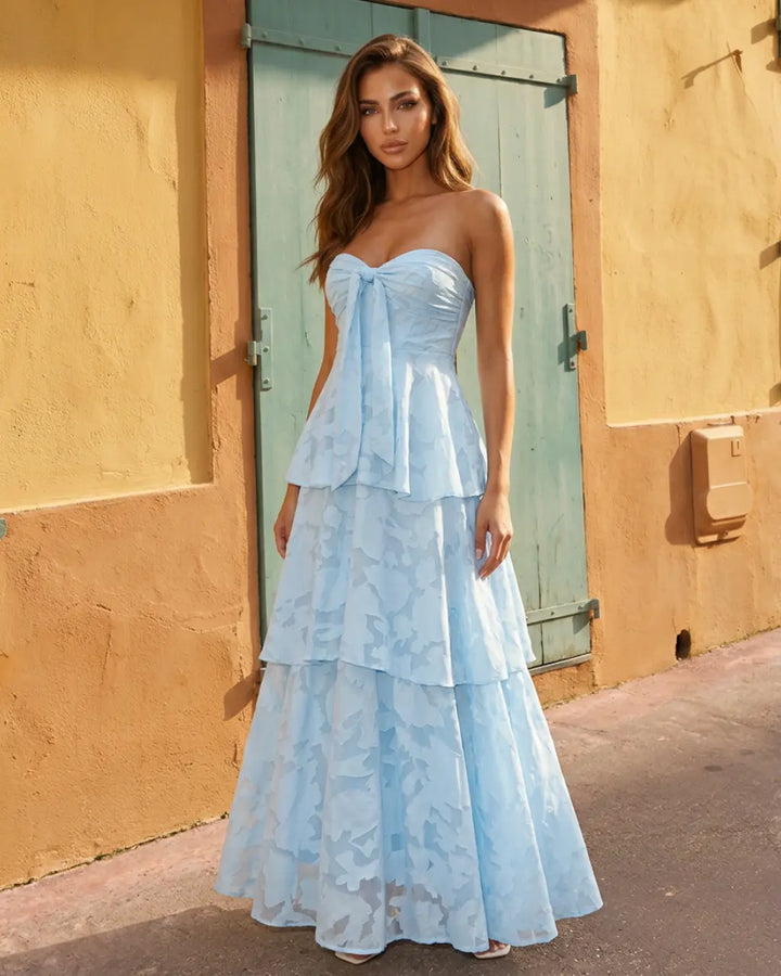 Light Blue Floral Jacquard Strapless Bow Tiered Maxi Dress SOLACE