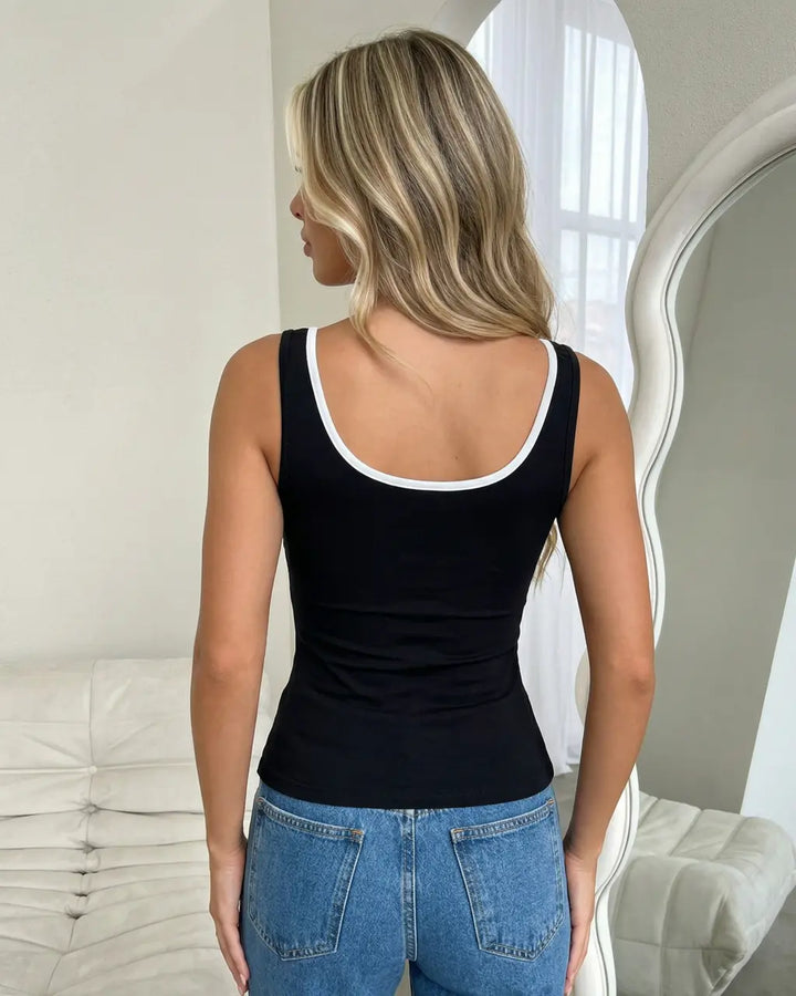 Black Ribbed V-Neck White Contrast Trim Tank Top SOLACE