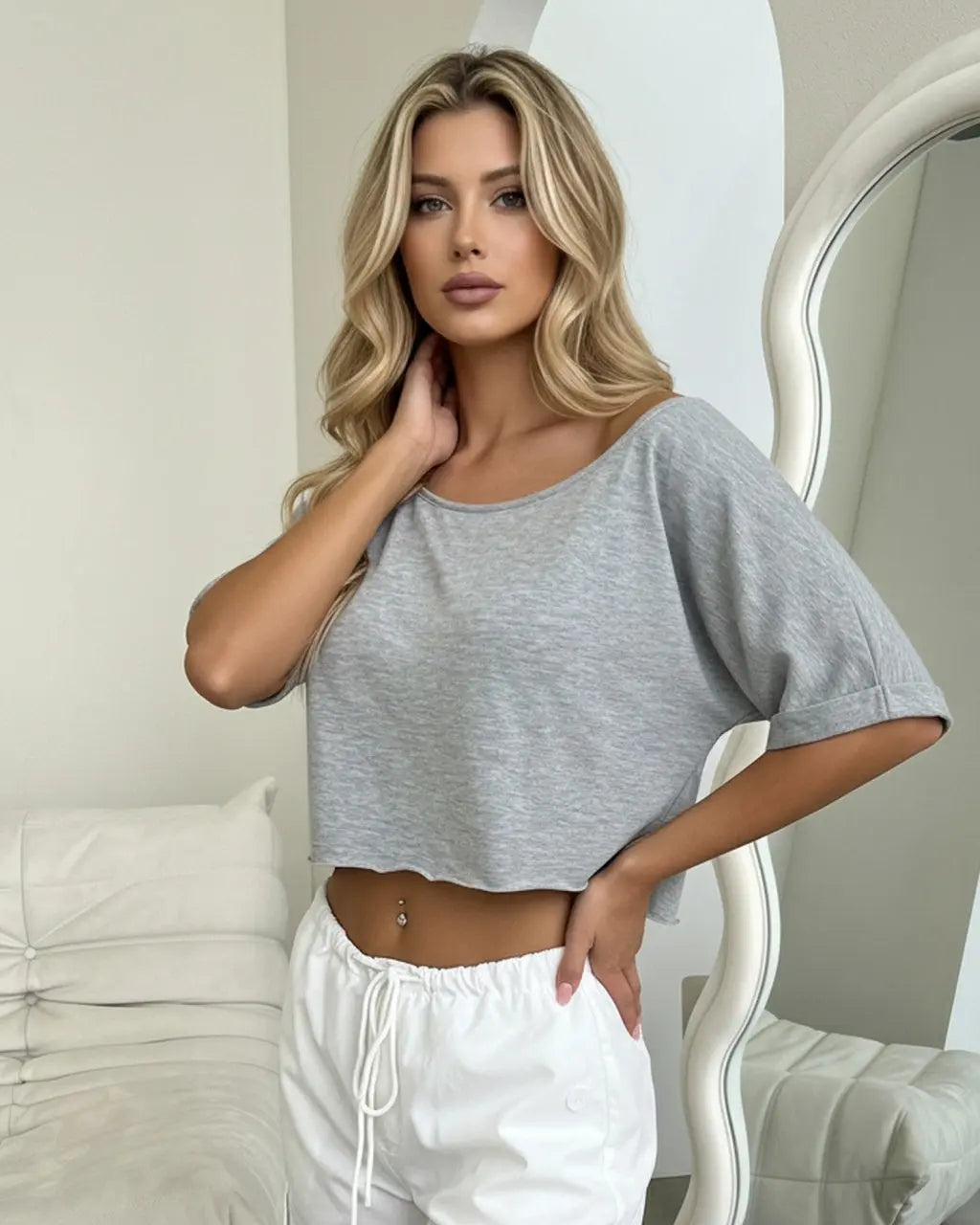Grey Off-The-Shoulder Short Sleeve Crop T-Shirt SOLACE