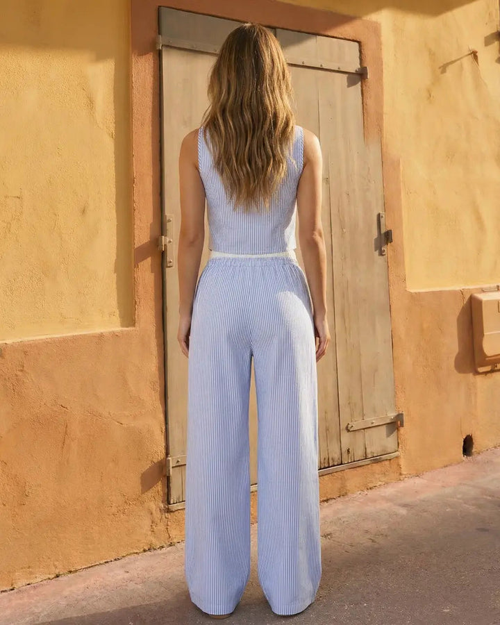 SOLACE  Striped V-Neck Buttoned Crop Vest High Waist Wide Leg Pants Set 