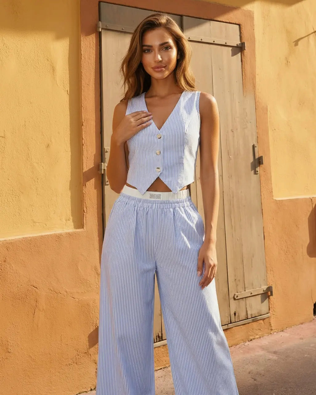 SOLACE  Striped V-Neck Buttoned Crop Vest High Waist Wide Leg Pants Set 
