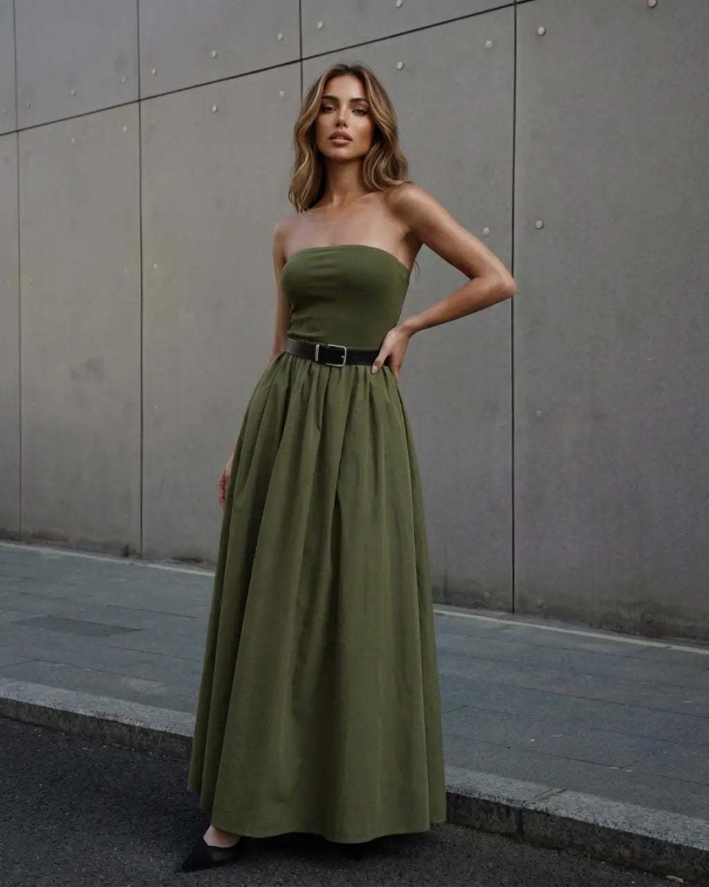 SOLACE  Olive Green Strapless Belted Cotton Linen Slim Fit Maxi Dress 