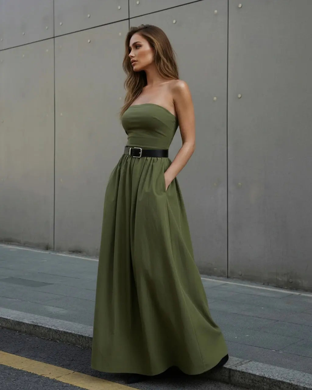 SOLACE  Olive Green Strapless Belted Cotton Linen Slim Fit Maxi Dress 