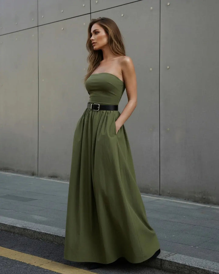 SOLACE  Olive Green Strapless Belted Cotton Linen Slim Fit Maxi Dress 