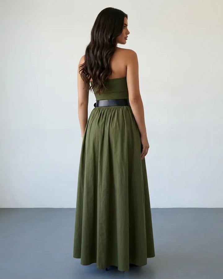 SOLACE  Olive Green Strapless Belted Cotton Linen Slim Fit Maxi Dress 