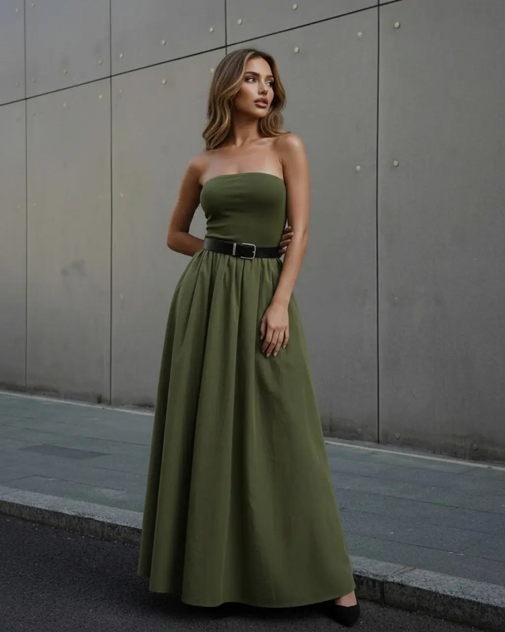 SOLACE  Olive Green Strapless Belted Cotton Linen Slim Fit Maxi Dress 