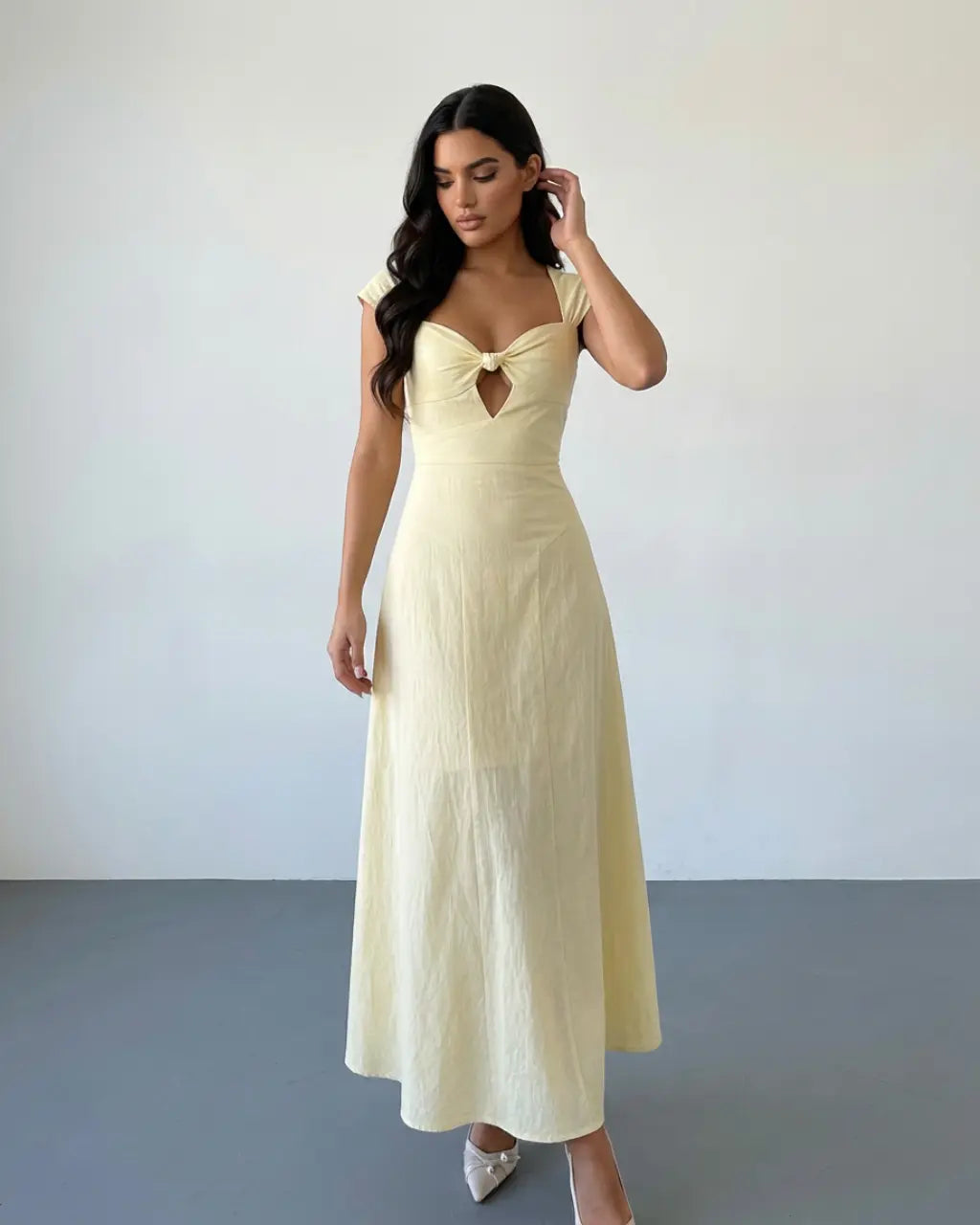 SOLACE  Yellow Cut Out Tie Front Linen Blend Slim Fit Midi Dress 