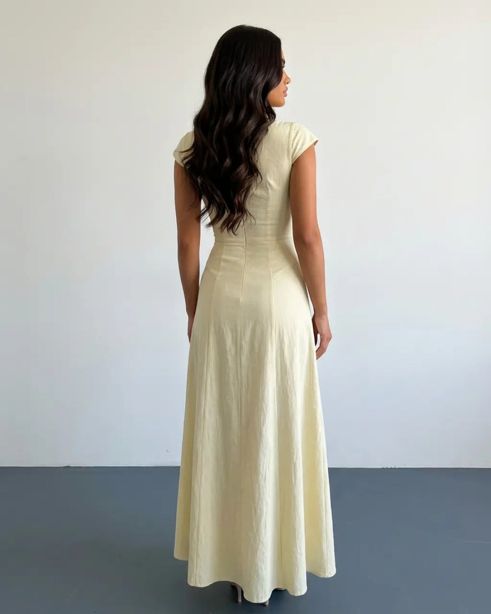 SOLACE  Yellow Cut Out Tie Front Linen Blend Slim Fit Midi Dress 