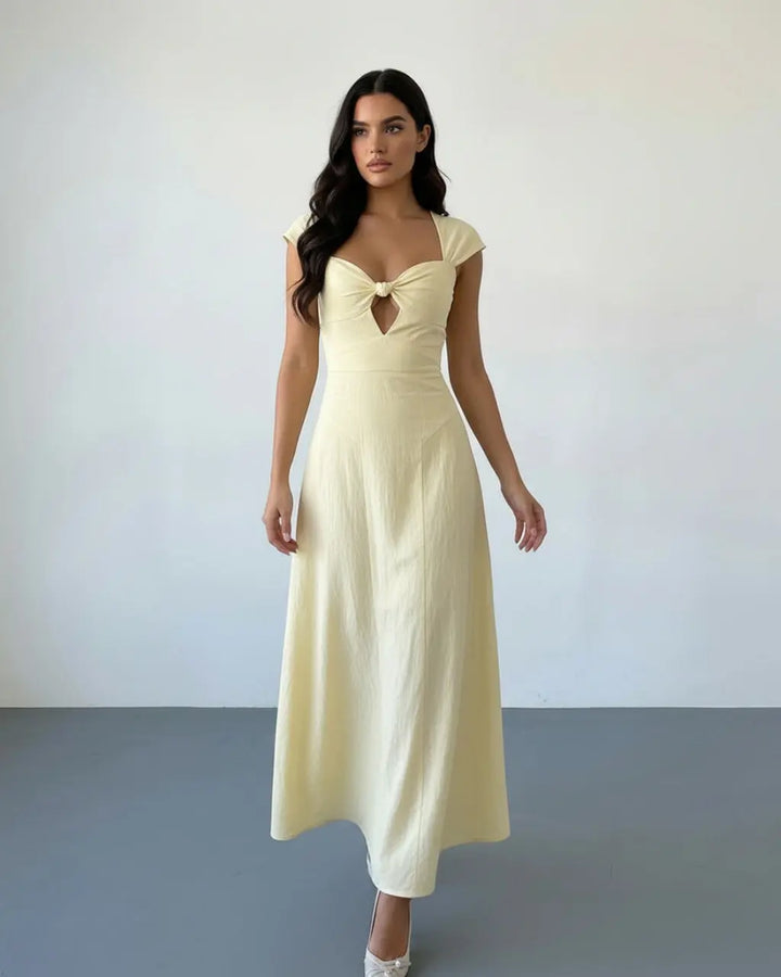 SOLACE  Yellow Cut Out Tie Front Linen Blend Slim Fit Midi Dress 