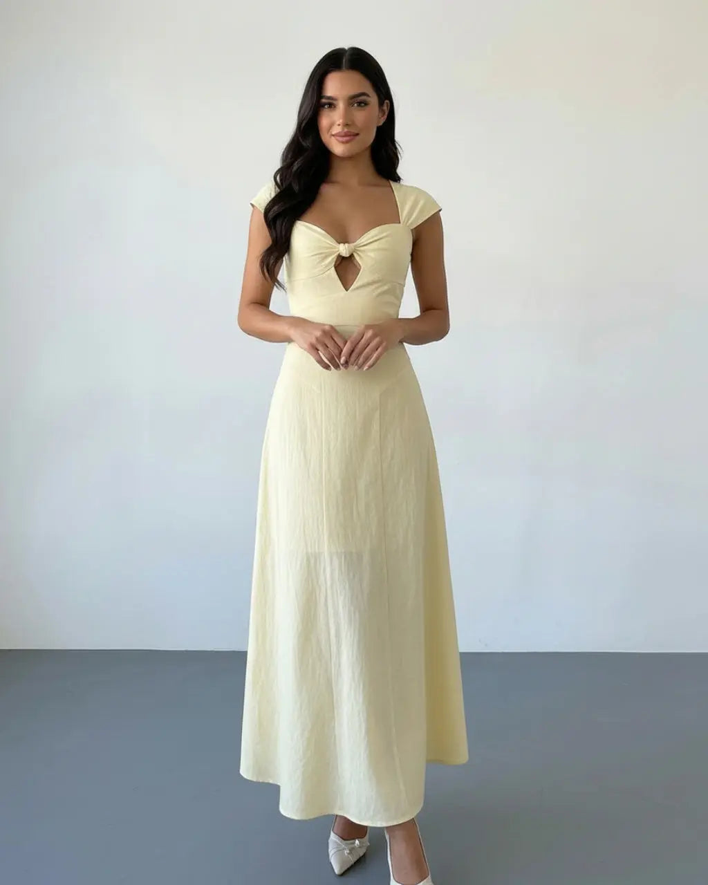 SOLACE  Yellow Cut Out Tie Front Linen Blend Slim Fit Midi Dress 