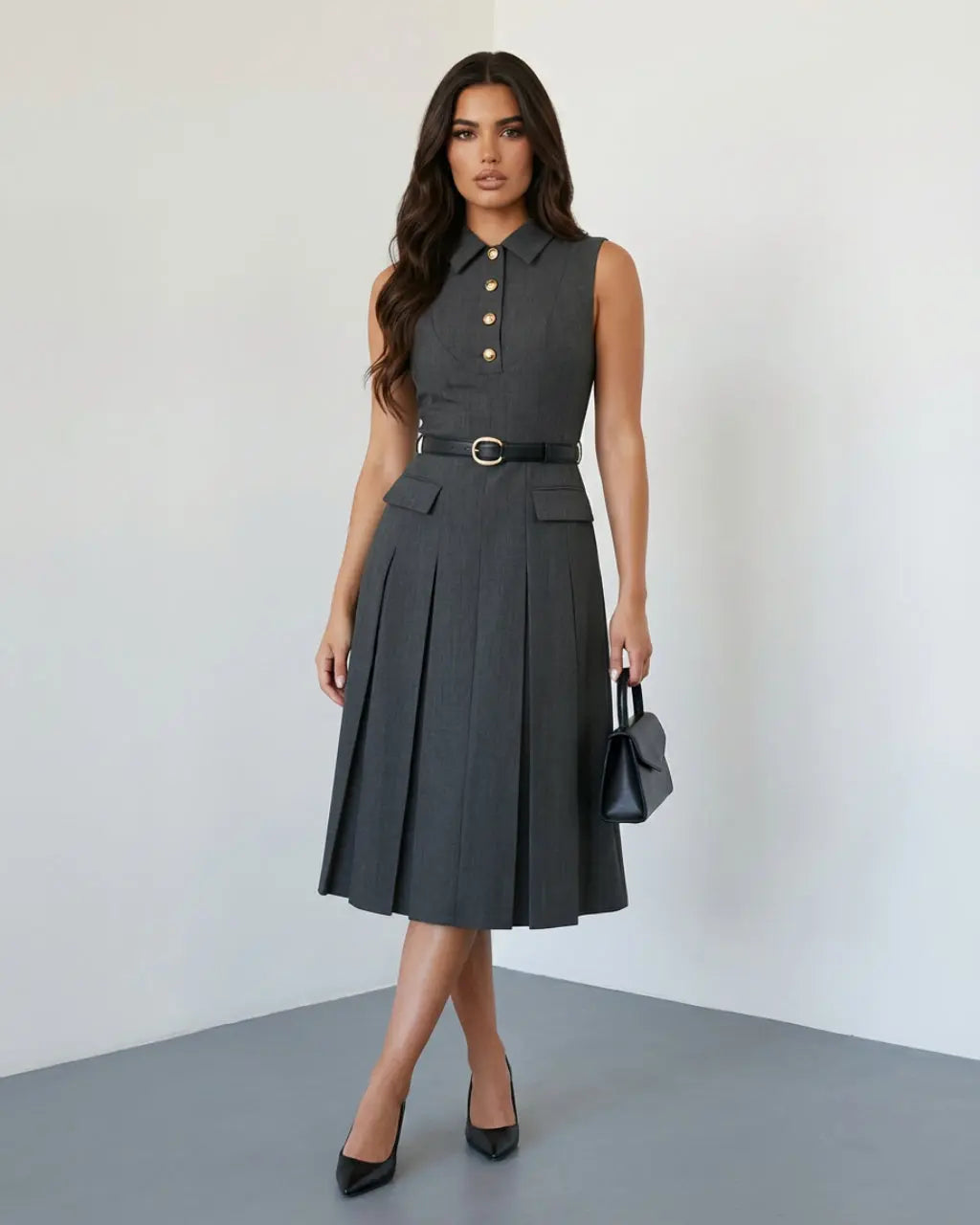 SOLACE  Grey Formal Sleeveless Collared Button Front Belted Pleated Midi Shirt Dress 