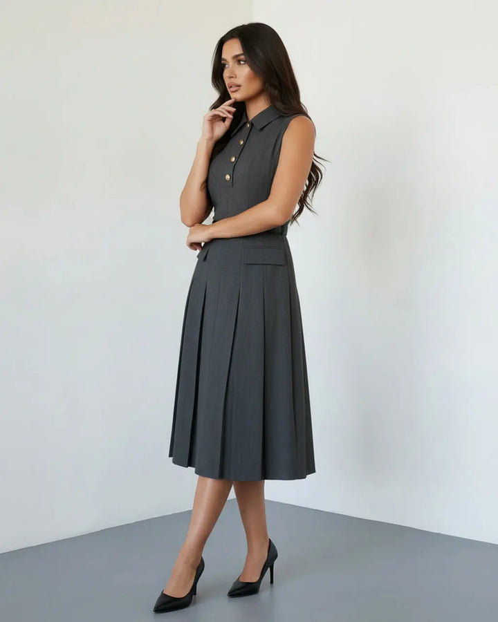 SOLACE  Grey Formal Sleeveless Collared Button Front Belted Pleated Midi Shirt Dress 