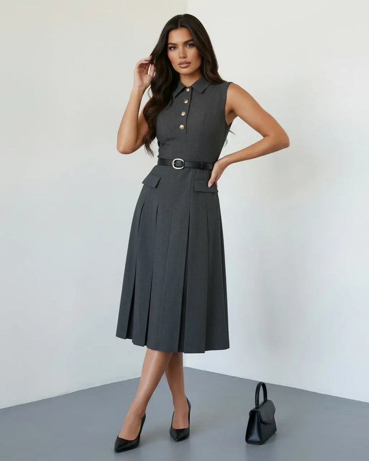 SOLACE  Grey Formal Sleeveless Collared Button Front Belted Pleated Midi Shirt Dress 