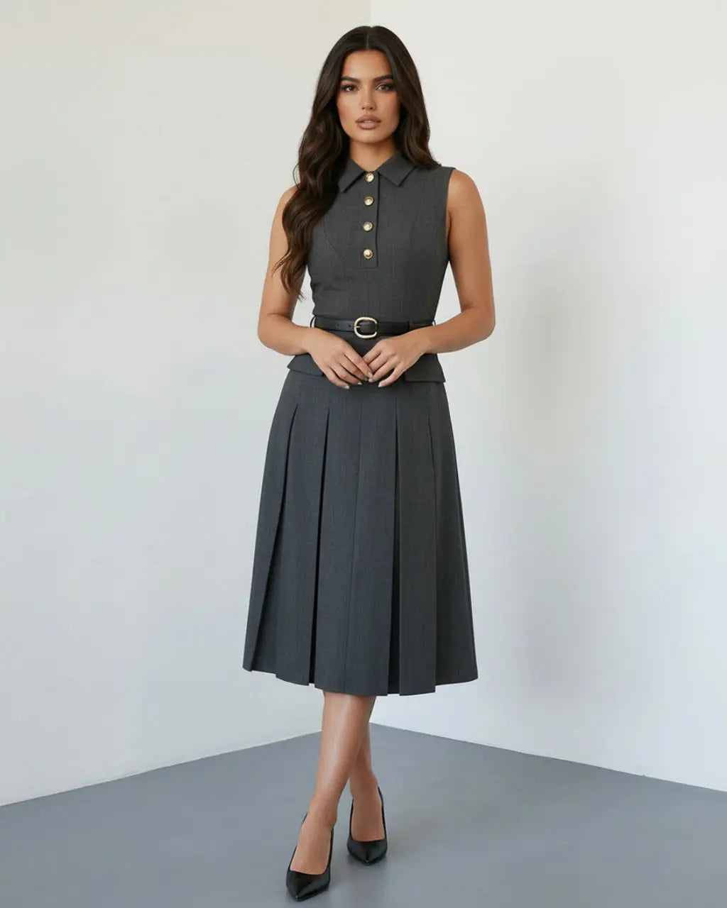 SOLACE  Grey Formal Sleeveless Collared Button Front Belted Pleated Midi Shirt Dress 