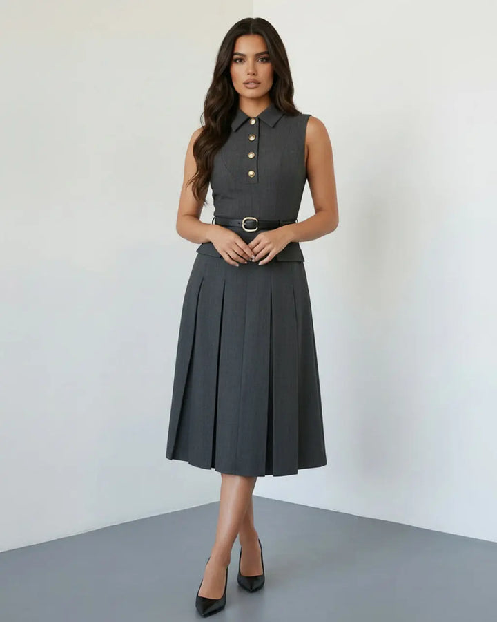 SOLACE  Grey Formal Sleeveless Collared Button Front Belted Pleated Midi Shirt Dress 