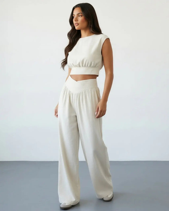SOLACE  White Linen Blend Cap Sleeve Ruched Crop Top V Waist Wide Leg Pants Set 