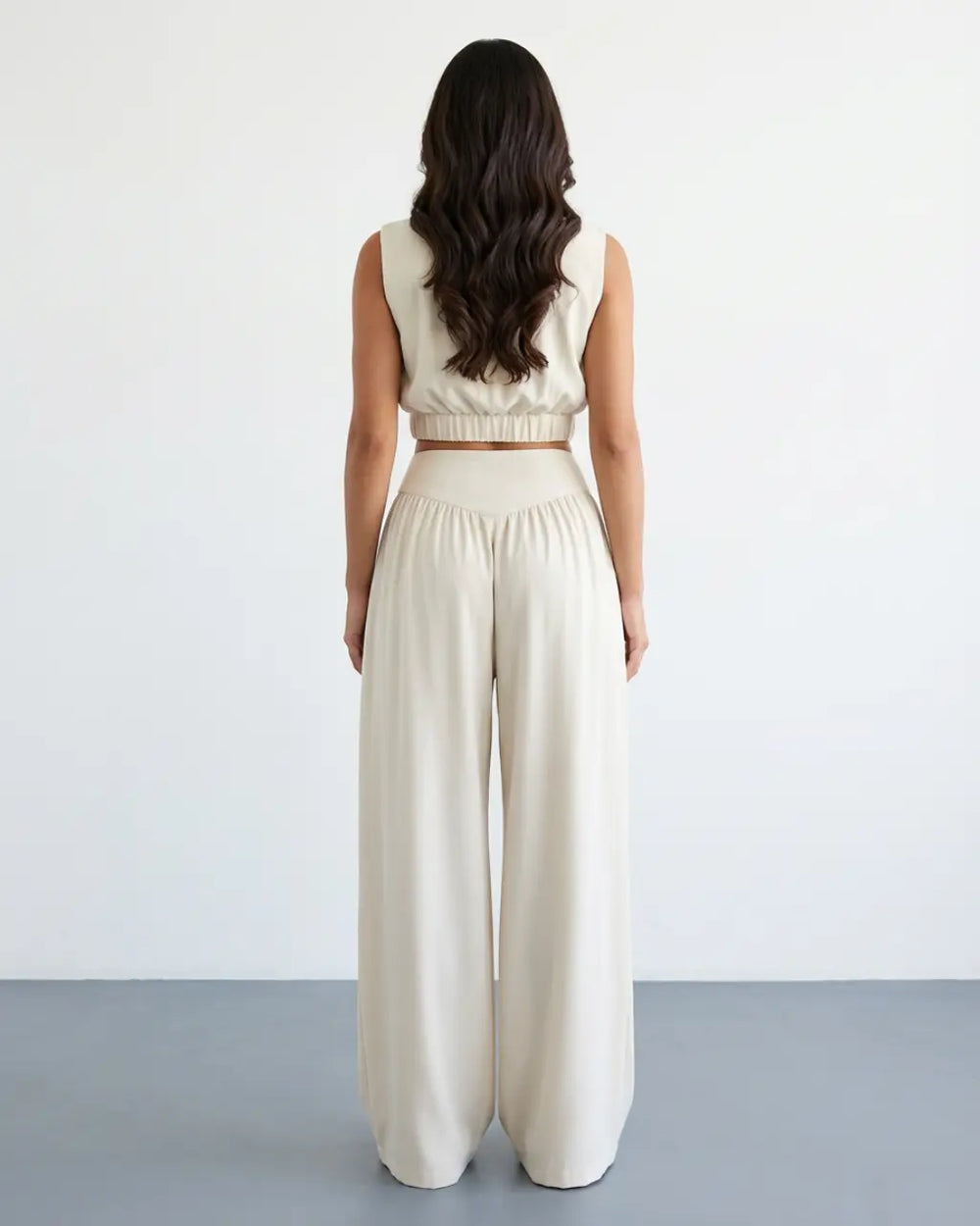 SOLACE  White Linen Blend Cap Sleeve Ruched Crop Top V Waist Wide Leg Pants Set 