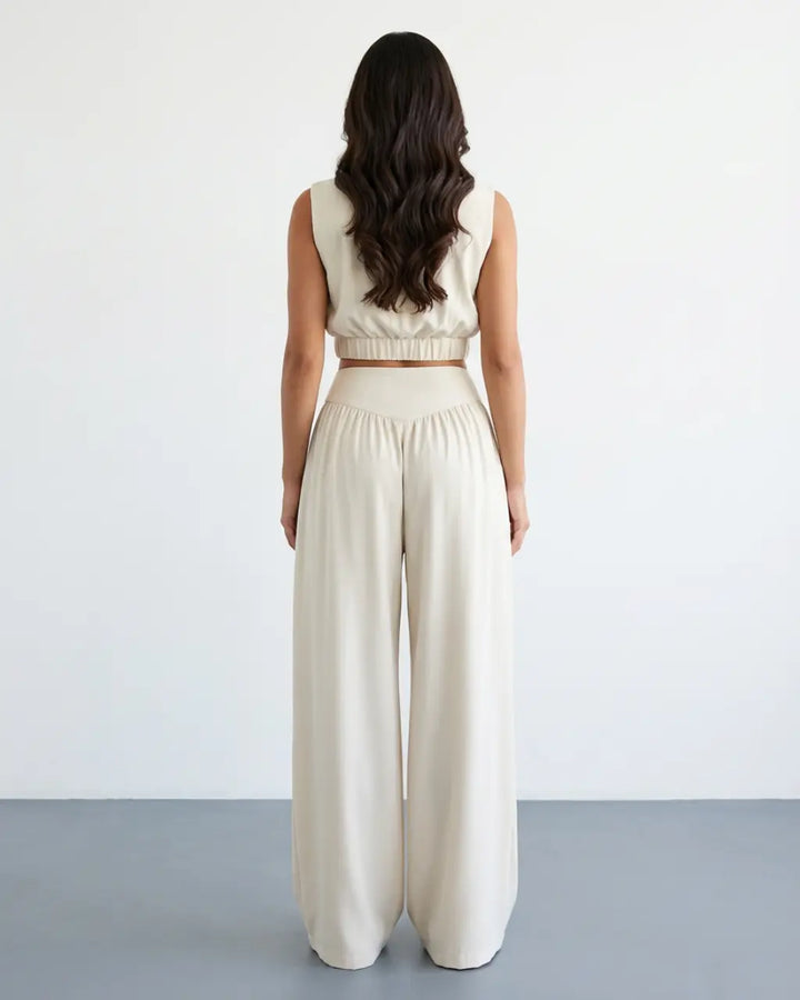 SOLACE  White Linen Blend Cap Sleeve Ruched Crop Top V Waist Wide Leg Pants Set 