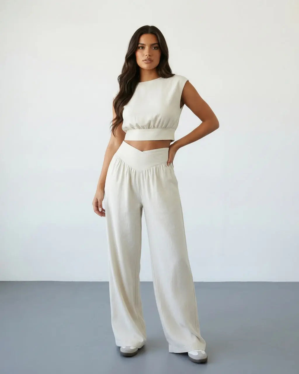 SOLACE  White Linen Blend Cap Sleeve Ruched Crop Top V Waist Wide Leg Pants Set 