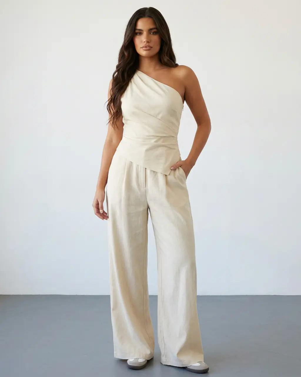 SOLACE  Beige Linen Blend One Shoulder Ruched Wrap Top Wide Leg Pants Set 