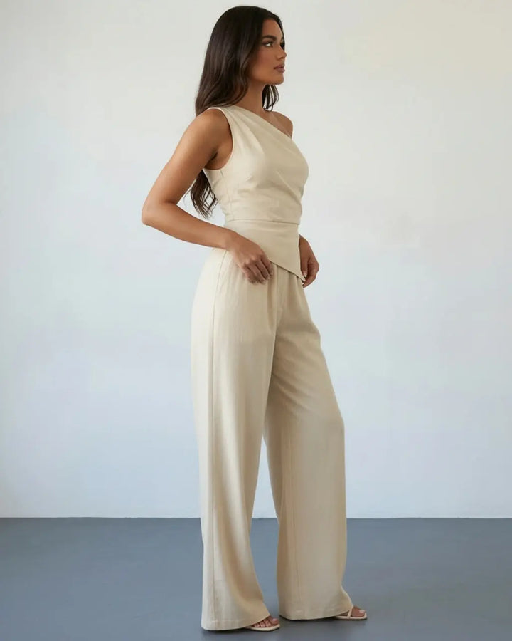 SOLACE  Beige Linen Blend One Shoulder Ruched Wrap Top Wide Leg Pants Set 