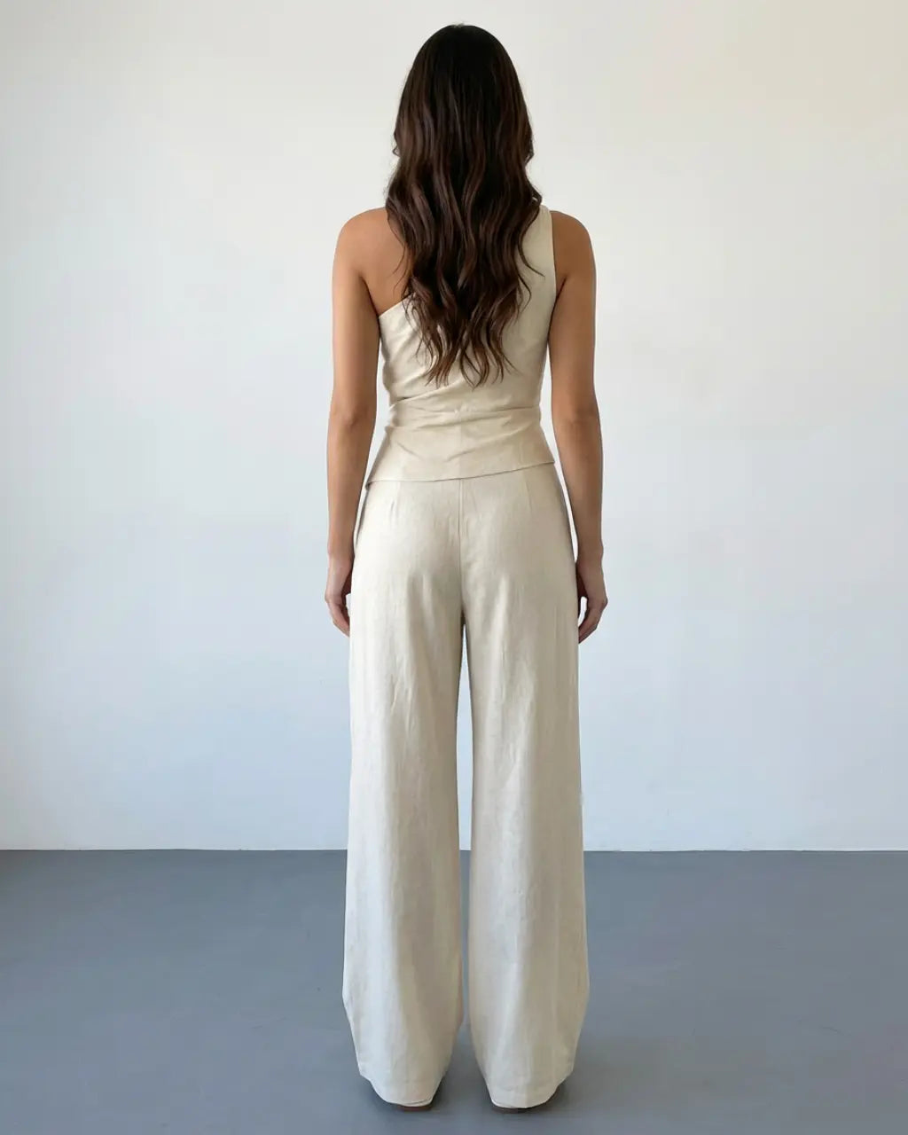 SOLACE  Beige Linen Blend One Shoulder Ruched Wrap Top Wide Leg Pants Set 