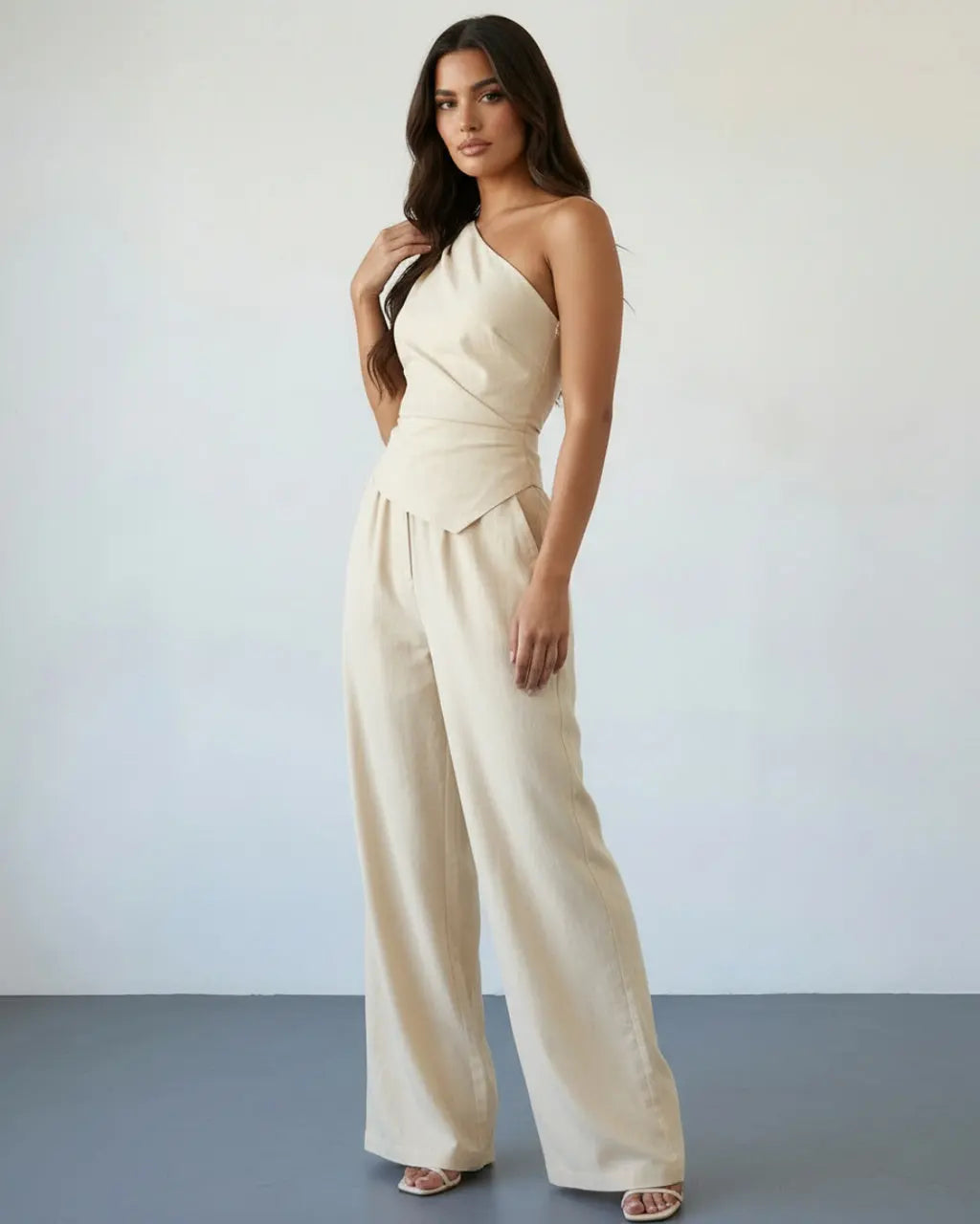 SOLACE  Beige Linen Blend One Shoulder Ruched Wrap Top Wide Leg Pants Set 