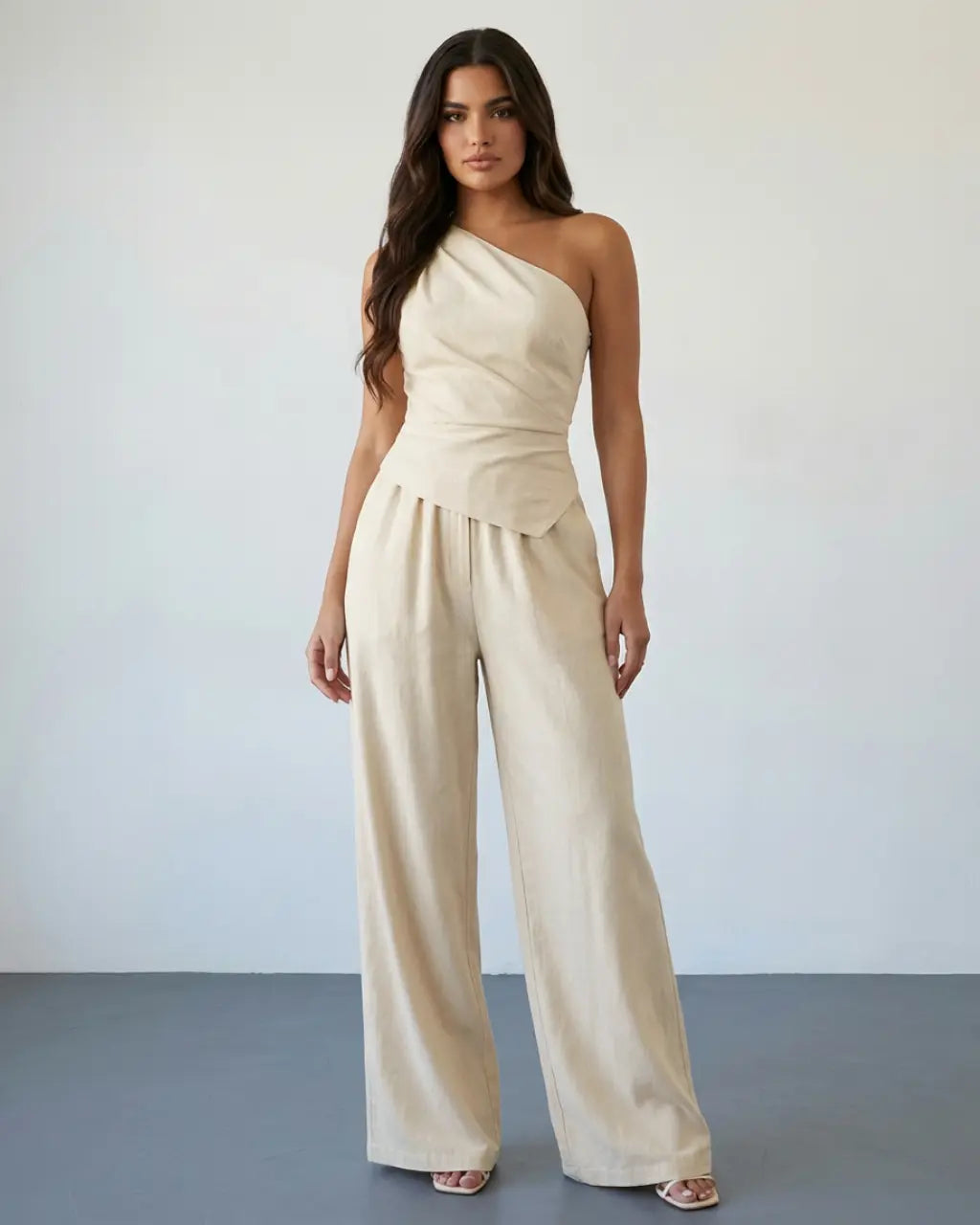 SOLACE  Beige Linen Blend One Shoulder Ruched Wrap Top Wide Leg Pants Set 