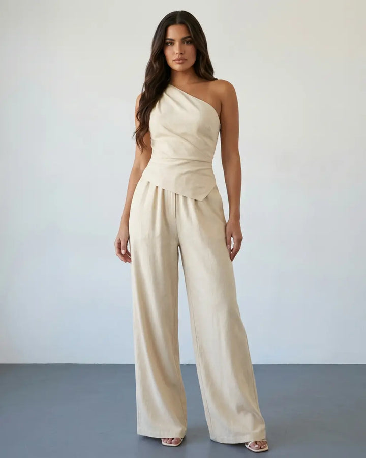 SOLACE  Beige Linen Blend One Shoulder Ruched Wrap Top Wide Leg Pants Set 