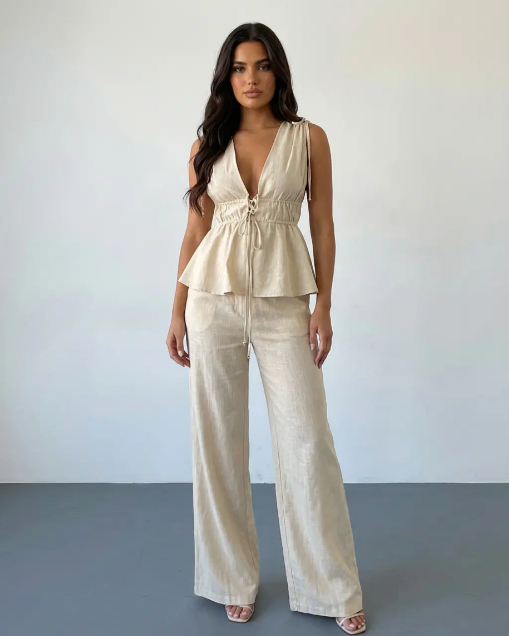 SOLACE  Beige Linen Blend V Neck Tie Waist Peplum Top Wide Leg Pants Set 